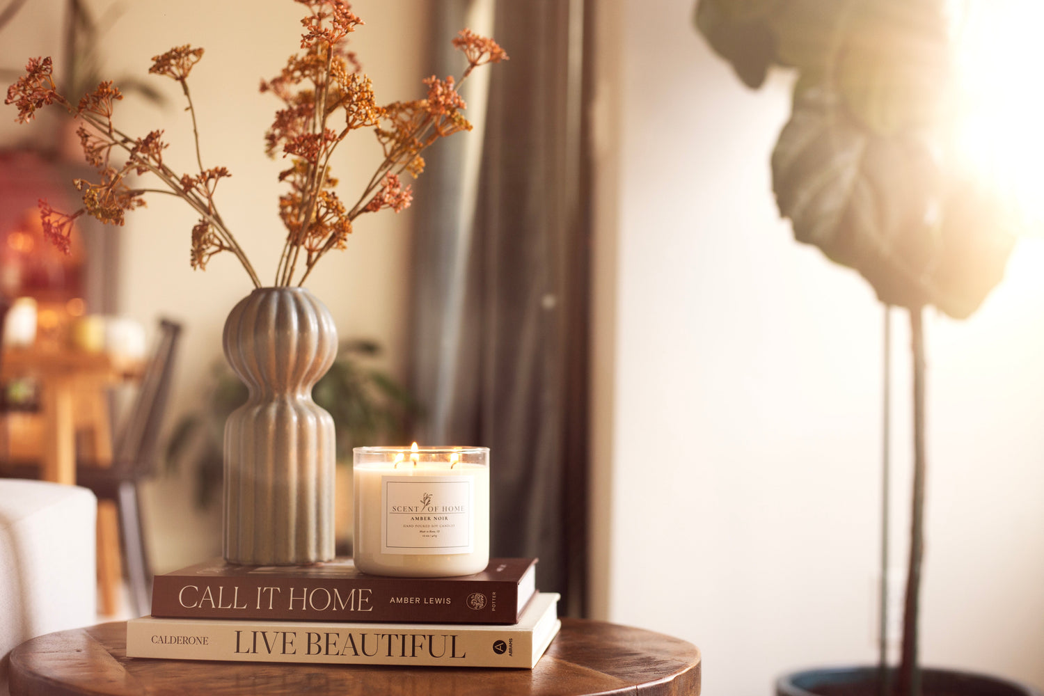 Spiced Pear candle by Scent of Home — hand-poured soy candle with notes of pear and spice, styled with neutral home decor and soft golden light