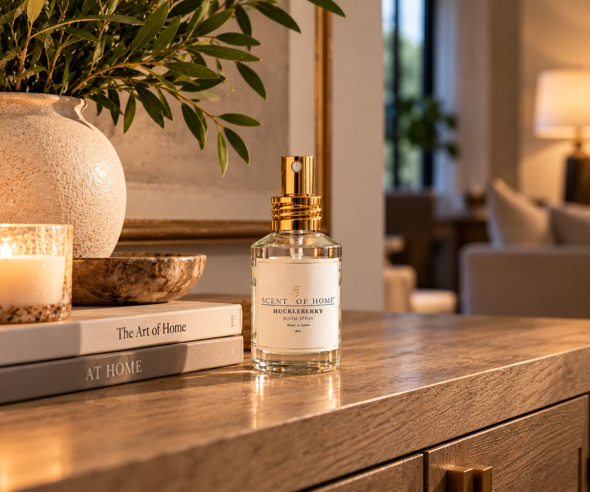 Huckleberry room spray on a living room console table