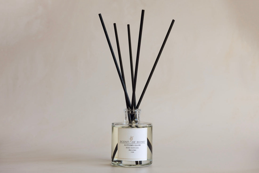 Scent of Home Autumn Glow non-toxic reed diffuser with five black reeds