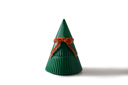 Frosted Juniper Christmas Tree candle in a green ribbed tree-shaped vessel with a velvet bow, on a white background.