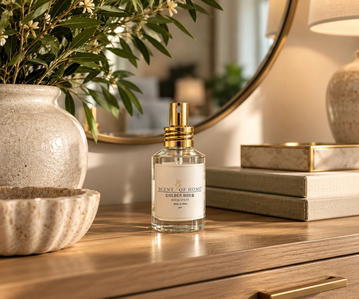 Golden Hour room spray on an entryway dresser
