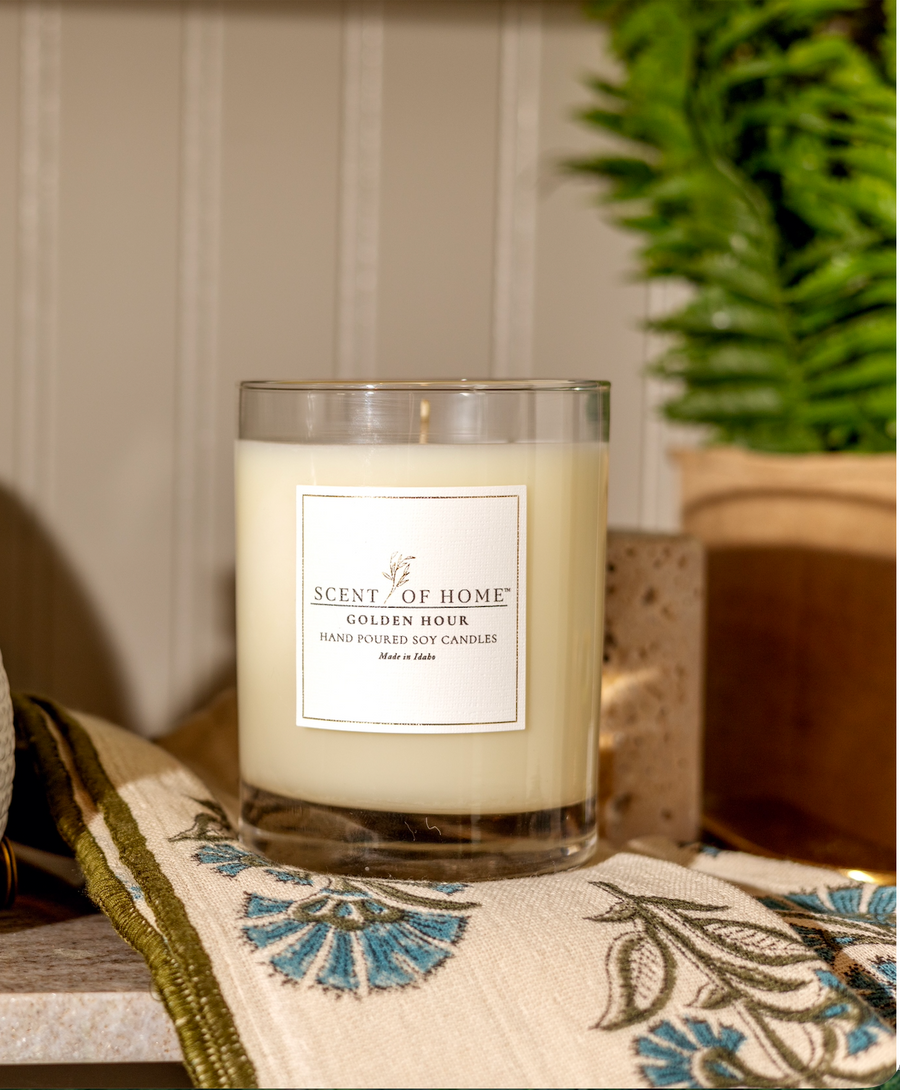Golden Hour hand-poured soy candle with cotton wick by Scent of Home, made in Idaho