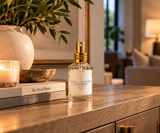 Huckleberry room spray on a living room console table