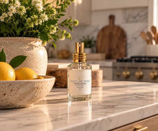 Spiced Pear room spray on a marble kitchen counter