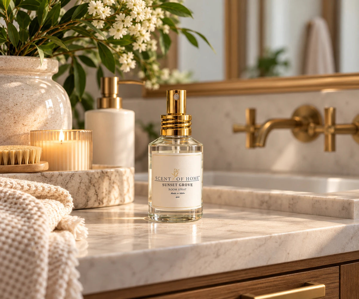 Sunset Grove room spray on a bathroom vanity